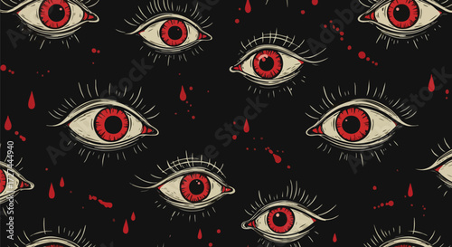 Creepy eye pattern with red irises and blood drops on a dark background design