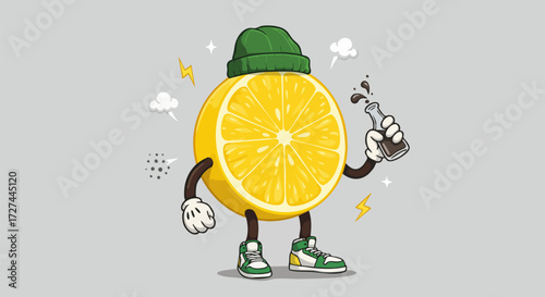 Cartoon lemon character with a green beanie holding a soda bottle on gray background