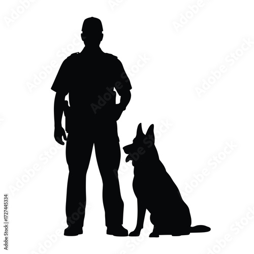 Silhouette of a police officer and his k9 partner standing guard