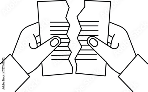 Hands tearing apart a document with horizontal lines tearing paper ripping