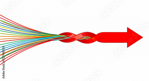 Colorful lines converging and intertwining into a single red arrow, representing focus, teamwork, and directed progress.