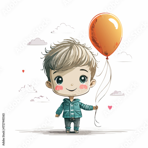 chibi boy with tousled hair and round eyes, cheerful smile, holding a balloon