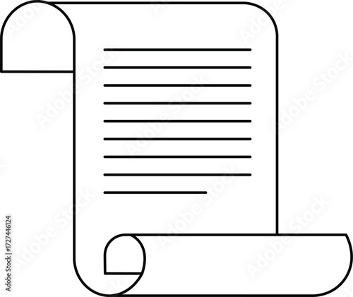 Black outline of a rolled document with text lines scroll paper