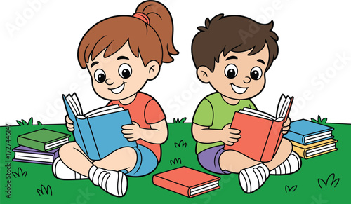 Happy cartoon kids reading books outdoors on green grass, smiling boy and girl enjoying study, learning, education, knowledge, fun activity