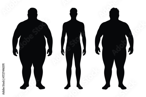 Silhouettes of three men showing different body types and weights