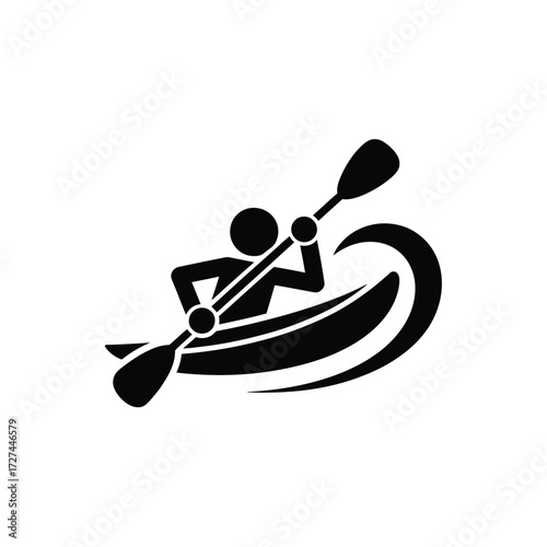Kayaker paddling through a wave in black and white silhouette