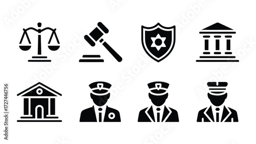 Vector art of law and justice icons featuring scales, gavel, shield, courthouse, police officer, and law enforcement symbols