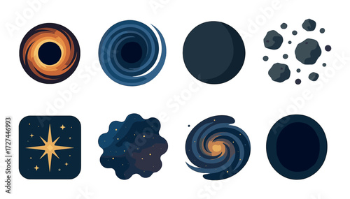 Abstract cosmic elements: black hole, galaxy, star, planets, asteroids, and nebula artwork