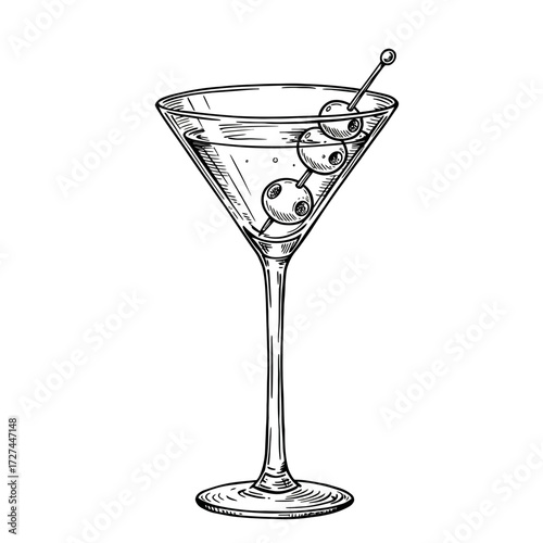 martini, glass, cocktail, vector, outline, drink, alcohol, beverage, lineart, bar, clipart, sketch, illustration, graphic, minimal, vintage, classy, olives, stemware, garnish, liquor, spirits, party, 
