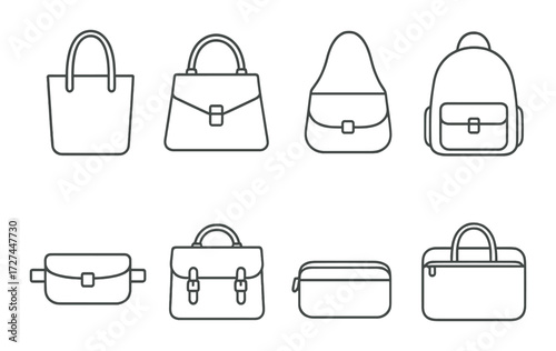Outline collection of various bag styles on subtle background