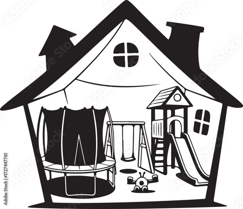Black and White Illustration of a House with Indoor Kids' Playground Equipment