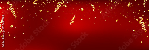 Christmas gold confetti falling frame. Anniversary background. Winner red banner. Birthday surprise. Prize celebrate. Bright glitter flying. Holiday party. Golden festive tinsel. Vector illustration
