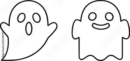 Cartoon ghost silhouettes with happy and scared expressions, spooky halloween illustration perfect for horror, fantasy, celebration, decoration, character design artwork