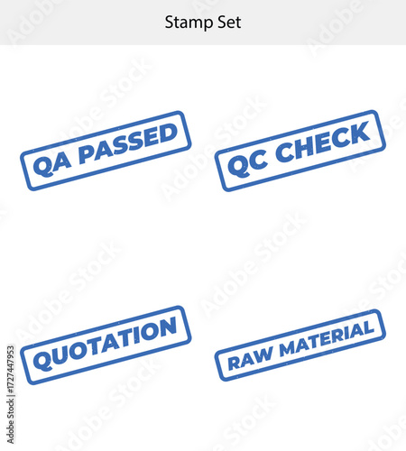 Rectangular Stamps Set Featuring Quality Control Phrases QA Passed, Raw Material, QC Check