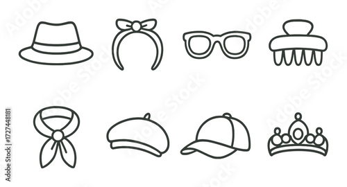 Variety of stylish headwear and accessories: hats, headbands, glasses, hair clips, and crowns