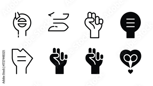 Vector art of diverse hand gestures expressing solidarity and unity, symbolizing support, peace, and love through various hand signs and expressions