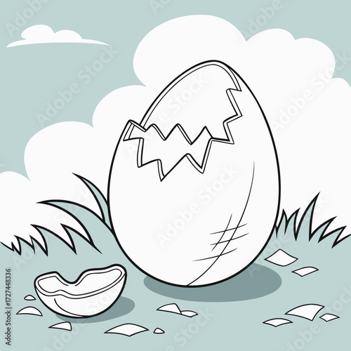 A cracked eggshell lies on the ground with grass and clouds in the background, symbolizing new life and beginnings
