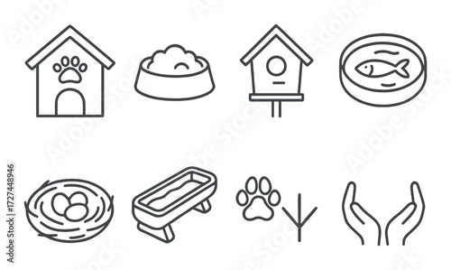 Pet and wildlife care icons: house, food, birdhouse, nest, paw, hands