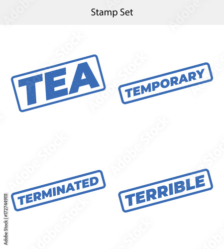 Rubber Stamps with Text Tea, Temporary, Terminated, Terrible Isolated on White