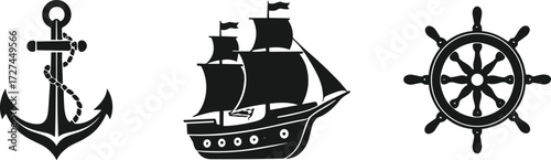 Nautical silhouette illustration featuring anchor with rope, sailing ship with sails, and ship steering wheel helm, maritime adventure design artwork