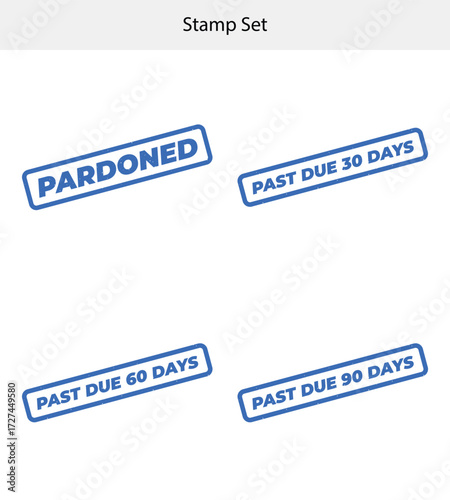 Set of Blue Grunge Stamps with 'Pardoned' and 'Past Due' on White