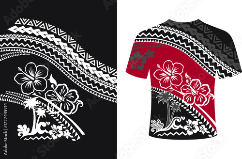 Polynesian Tribal T-Shirt Design Featuring Hibiscus Flowers and Geometric Motifs, New Zealand T-Shirt Maori People Of New Zealand Grunge Pattern, Traditional dress, traditional jersey, t shirt.