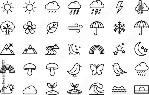 Weather, nature, icon, silhouette, black, white, sun, cloud, rain, tree, flower, mountain, moon, wave, graphic, illustration, environment, climate, symbol, set