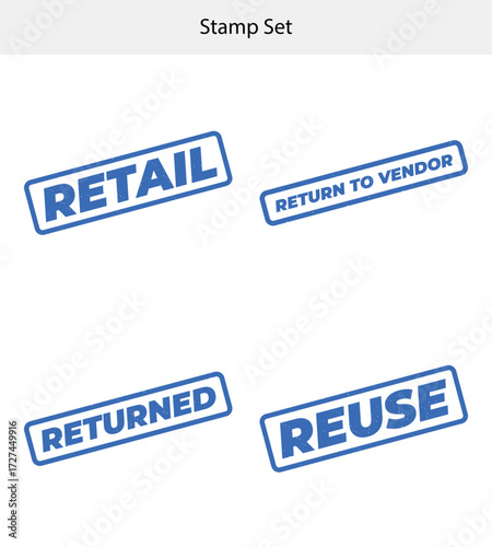 Set of Blue Rubber Stamps with Retail, Return to Vendor, Returned, and Reuse Texts