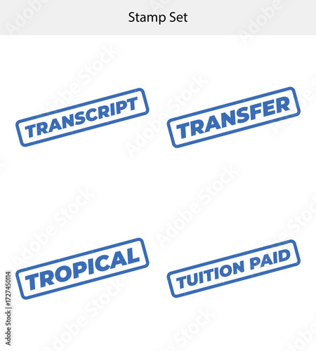Set of Blue Rubber Stamps, Transcript, Transfer, Tropical, Tuition Paid on White