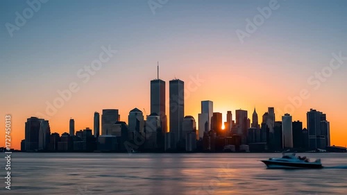Wallpaper Mural Golden hour sunrise over the historic lower Manhattan skyline with its iconic twin skyscrapers reflecting on the water Torontodigital.ca