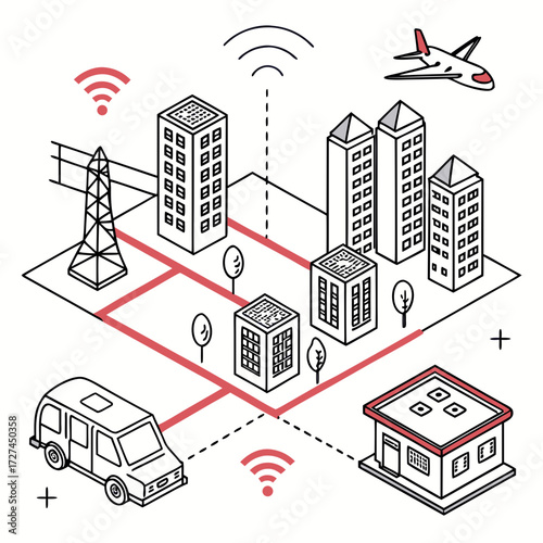 An illustrative isometric diagram of a smart connected city showing wireless networking signals on.