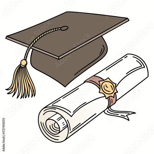 Illustration of a graduation cap with tassel and a diploma scroll tied with ribbon and a seal