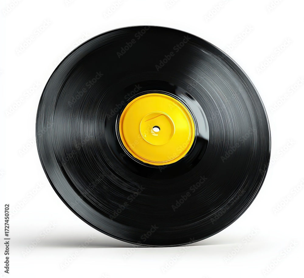 Obraz premium Black Vinyl Record With Yellow Label On White Background