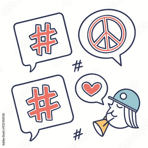 Illustration showing hashtags, peace symbol, heart, and a person with a megaphone in speech bubbles