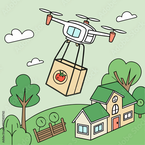 Drone delivering grocery bag with tomato logo over house in rural landscape with clouds and trees
