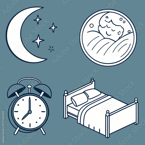 Illustration of a night scene with moon stars sleeping person alarm clock and a bed in a simple style