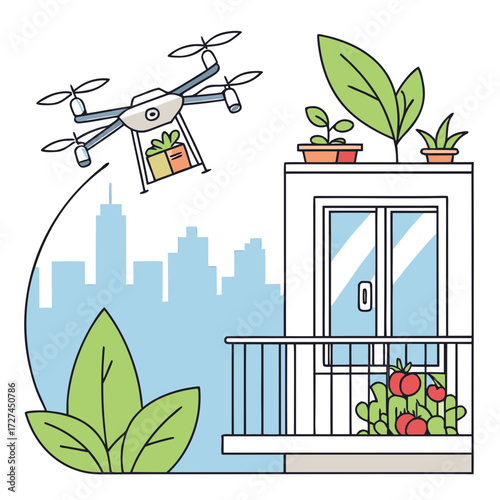 Drone delivering a gift box to an apartment balcony with plants and a city skyline in the background