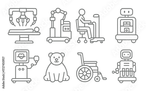 Futuristic medical technology icons: robots, patients, and equipment in grey tones