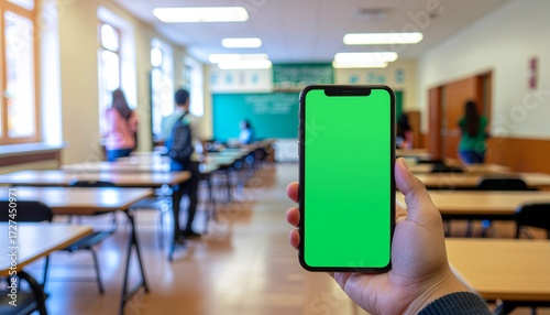 Wallpaper Mural A hand holding a smartphone with a green screen in a classroom setting, with students and desks visible. Torontodigital.ca