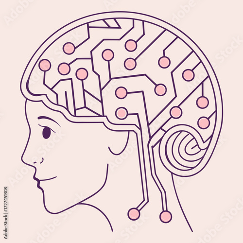 Illustration of a human head with circuit board inside representing artificial intelligence concept art