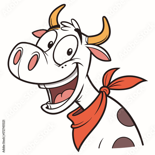 A cartoon cow with a red bandana around its neck smiles widely with big eyes and yellow horns on a white background