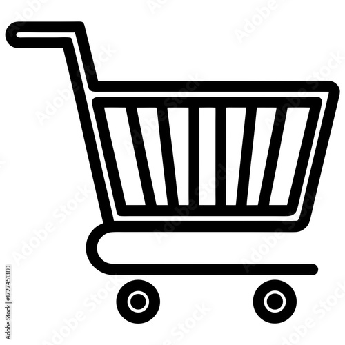 Illustration of a shopping cart with a handle, basket with vertical bars, and two wheels in black and white