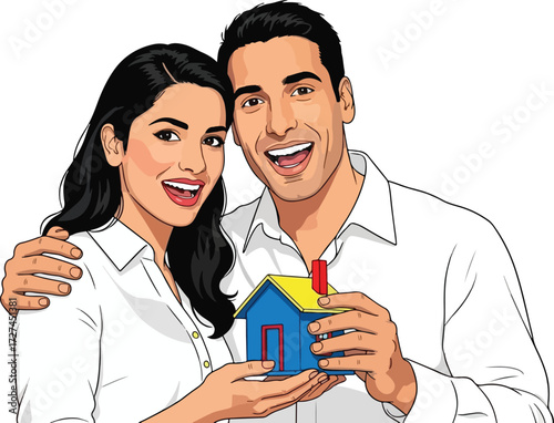 A couple with their dream home in hand vector illustration