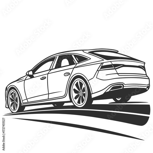 Outlined modern car design showcasing a sleek silhouette and dynamic lines on a white background view from back