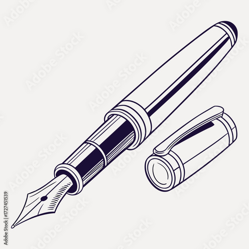 Illustration of a fountain pen with its cap off showcasing the nib and pen body in detailed lines