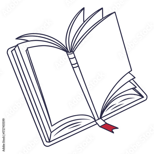 Illustration of an open book with blank pages and a red bookmark sticking out from the bottom right corner