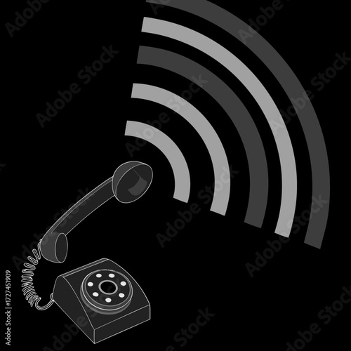 A vintage rotary telephone emits radiating waves, symbolizing communication and signal transmission