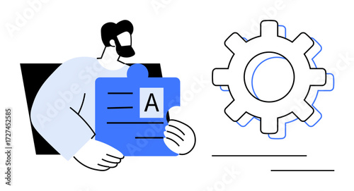Man holding puzzle piece marked A next to gear, representing collaboration, creativity, organization, learning, task management, team coordination, and process optimization. Simple flat metaphor