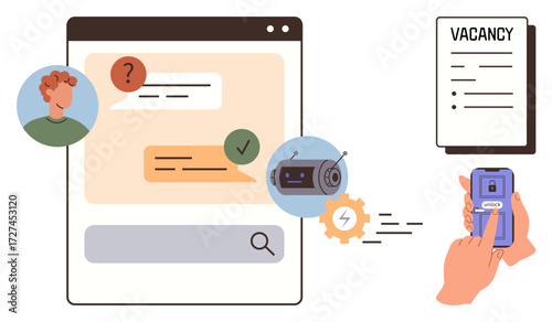 Digital chatbot answering queries, user holding phone unlocking with secure login, job vacancy list, gear and automation graphic. Ideal for recruitment, AI, automation, security. Simple flat metaphor