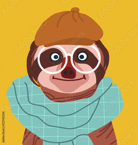 Cool sloth avatar character with scurf, beanie hat, cap, and glasses. Vector hand drawn illustration.